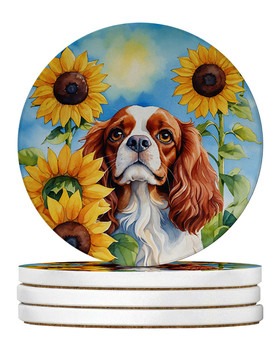 Cavalier Spaniel in Sunflowers Large Sandstone Absorbent Round Coasters Pack of 4 DAC6047 product image at NuMercy