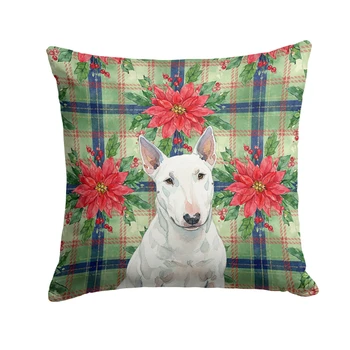 White Miniature Bull Terrier Christmas Poinsettias Throw Pillow 18" x 18" product image at NuMercy