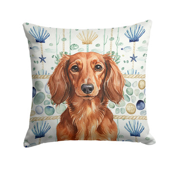 Longhaired Red Dachshund Coastal Sea Glass Throw Pillow 18" x 18" product image at NuMercy