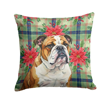 Brindle and White English Bulldog Christmas Poinsettias Throw Pillow 18" x 18" product image at NuMercy