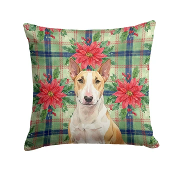 Fawn and White Bull Terrier Christmas Poinsettias Throw Pillow 18" x 18" product image at NuMercy