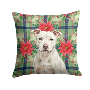 White Staffordshire Bull Terrier Christmas Poinsettias Throw Pillow 18" x 18" product image at NuMercy