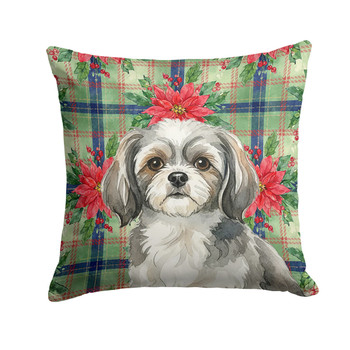 Grey and White Tibetan Spaniel Christmas Poinsettias Throw Pillow 18" x 18" product image at NuMercy
