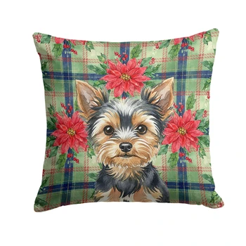 Black and Tan Yorkshire Terrier Christmas Poinsettias Throw Pillow 18" x 18" product image at NuMercy