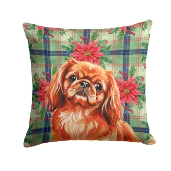 Red Pekingese Christmas Poinsettias Throw Pillow 18" x 18" product image at NuMercy