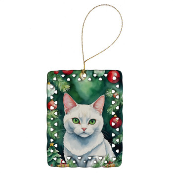 Khao Manee Cat By the Christmas Tree Porcelain Ornament product image at NuMercy