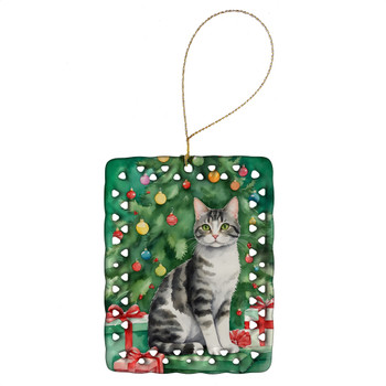 American Wirehair Cat By the Christmas Tree Porcelain Ornament product image at NuMercy