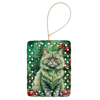 Selkirk Rex Cat By the Christmas Tree Porcelain Ornament product image at NuMercy