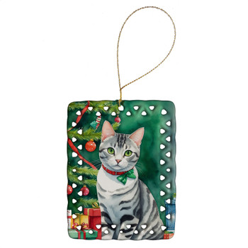 American Shorthair Cat By the Christmas Tree Porcelain Ornament product image at NuMercy