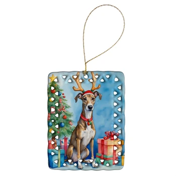 Brindle Greyhound Christmas Reindeer Porcelain Ornament product image at NuMercy