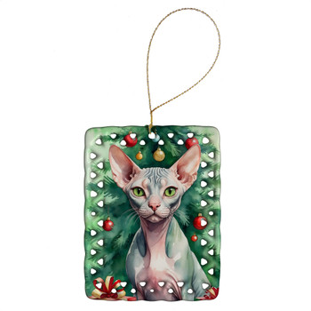 Sphynx Cat By the Christmas Tree Porcelain Ornament product image at NuMercy