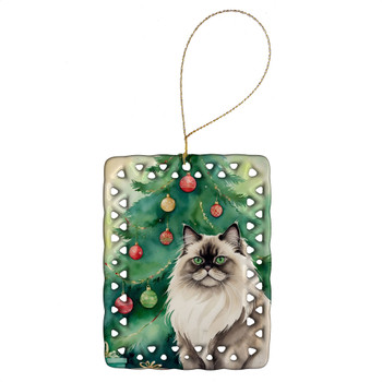 Colorpoint Longhair Cat By the Christmas Tree Porcelain Ornament product image at NuMercy