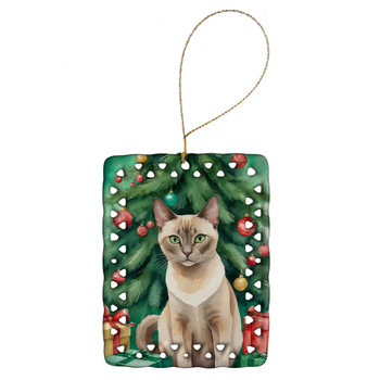 Tonkinese Cat By the Christmas Tree Porcelain Ornament product image at NuMercy