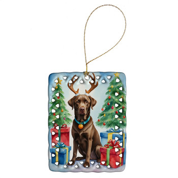 Chocolate Labrador Retriever Christmas Reindeer Porcelain Ornament product image at NuMercy