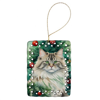Siberian Cat By the Christmas Tree Porcelain Ornament product image at NuMercy