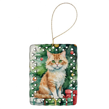 Skookum Cat By the Christmas Tree Porcelain Ornament product image at NuMercy