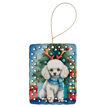 White Toy Poodle Christmas Reindeer Porcelain Ornament product image at 