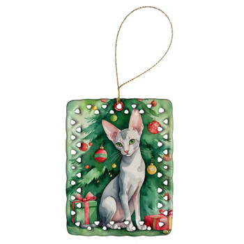 Oriental Shorthair Cat By the Christmas Tree Porcelain Ornament product image at NuMercy