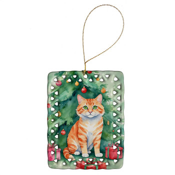 Cheetoh Cat By the Christmas Tree Porcelain Ornament product image at NuMercy