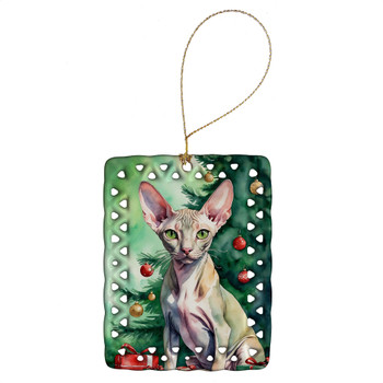 Peterbald Cat By the Christmas Tree Porcelain Ornament product image at NuMercy