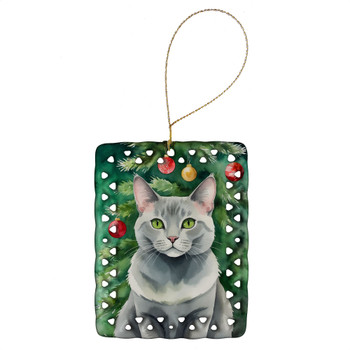 Korat Cat By the Christmas Tree Porcelain Ornament product image at NuMercy