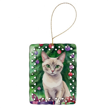 Thai Lilac Cat By the Christmas Tree Porcelain Ornament product image at NuMercy
