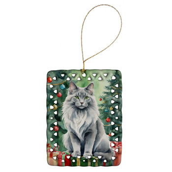 Nebelung Cat By the Christmas Tree Porcelain Ornament product image at NuMercy