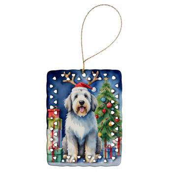 Old English Sheepdog Christmas Reindeer Porcelain Ornament product image at NuMercy