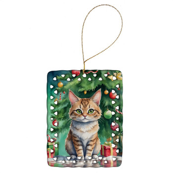 Pixie Bob Cat By the Christmas Tree Porcelain Ornament product image at NuMercy