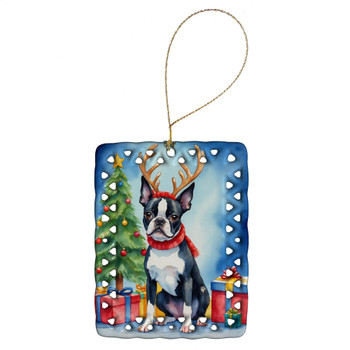 Boston Terrier Christmas Reindeer Porcelain Ornament product image at NuMercy