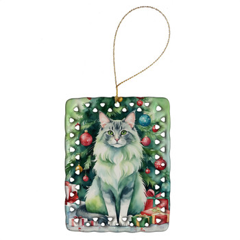 Oriental Longhair Cat By the Christmas Tree Porcelain Ornament product image at NuMercy