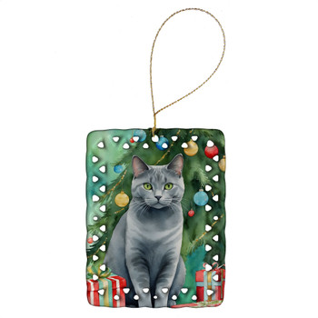 Chartreux Cat By the Christmas Tree Porcelain Ornament product image at NuMercy