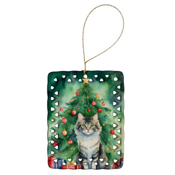 La Perm Cat By the Christmas Tree Porcelain Ornament product image at NuMercy