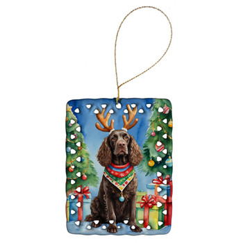 American Water Spaniel Christmas Reindeer Porcelain Ornament product image at NuMercy