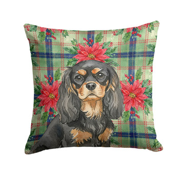 Black and Tan Cavalier Spaniel Christmas Poinsettias Throw Pillow 14" x 14" product image at NuMercy