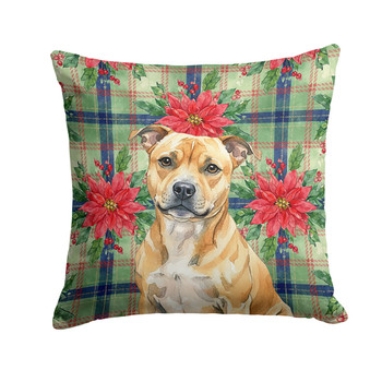Fawn Staffordshire Bull Terrier Christmas Poinsettias Throw Pillow 14" x 14" product image at NuMercy