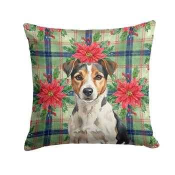 Tricolor Russell Terrier Christmas Poinsettias Throw Pillow 14" x 14" product image at NuMercy