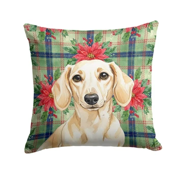 Cream Dachshund Christmas Poinsettias Throw Pillow 14" x 14" product image at NuMercy