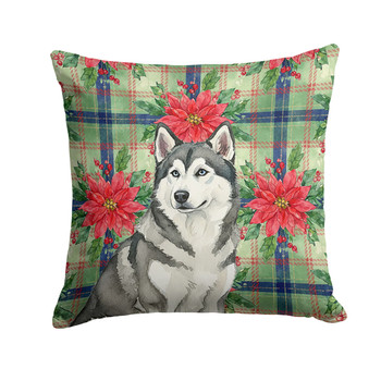 Gray and White Alaskan Malamute Christmas Poinsettias Throw Pillow 14" x 14" product image at NuMercy
