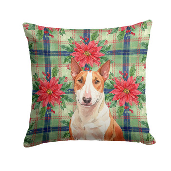 Red and White Bull Terrier Christmas Poinsettias Throw Pillow 14" x 14" product image at 