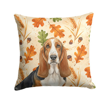 Tricolor and White Basset Hound Heirloom Fall Throw Pillow 14" x 14" product image at NuMercy