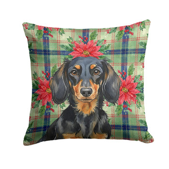 Longhaired Black and Tan Dachshund Christmas Poinsettias Throw Pillow 14" x 14" product image at NuMercy