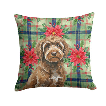 Brown Portuguese Water Dog Christmas Poinsettias Throw Pillow 14" x 14" product image at NuMercy