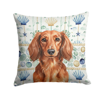 Longhaired Red Dachshund Coastal Sea Glass Throw Pillow 14" x 14" product image at NuMercy