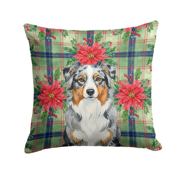 Blue Merle Australian Shepherd Christmas Poinsettias Throw Pillow 14" x 14" product image at NuMercy
