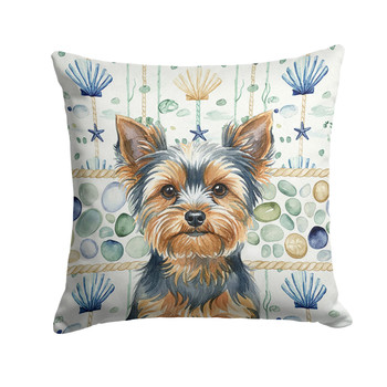 Blue and Tan Yorkshire Terrier Coastal Sea Glass Throw Pillow 14" x 14" product image at NuMercy