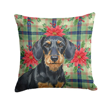Wirehaired Black and Tan Dachshund Christmas Poinsettias Throw Pillow 14" x 14" product image at NuMercy