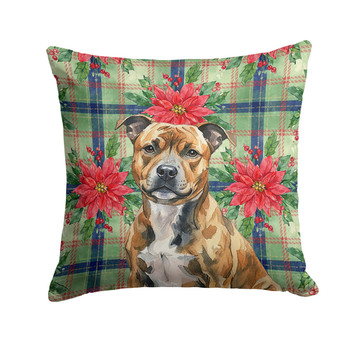 Brindle Staffordshire Bull Terrier Christmas Poinsettias Throw Pillow 14" x 14" product image at NuMercy