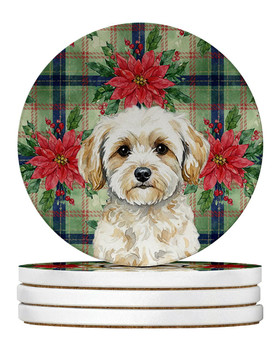 Maltipoo Christmas Poinsettias Large Sandstone Absorbent Round Coasters Pack of 4 product image at NuMercy