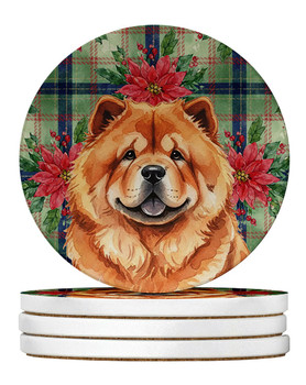 Red Chow Chow Christmas Poinsettias Large Sandstone Absorbent Round Coasters Pack of 4 product image at NuMercy